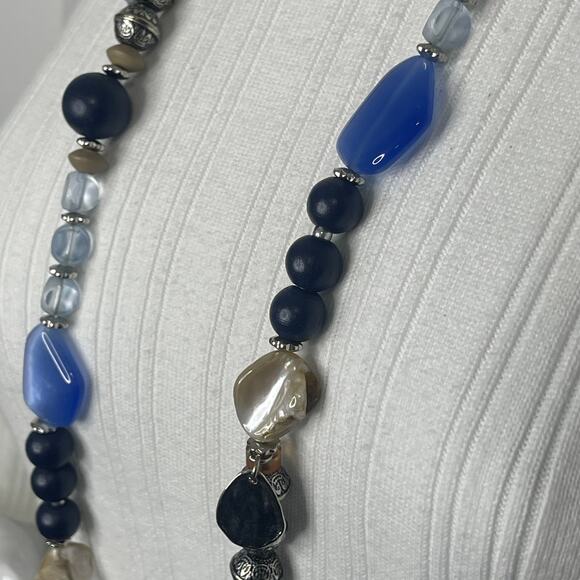 Chico's signed necklace long chunky chain link natural neutral blue tan boho - Picture 2 of 12